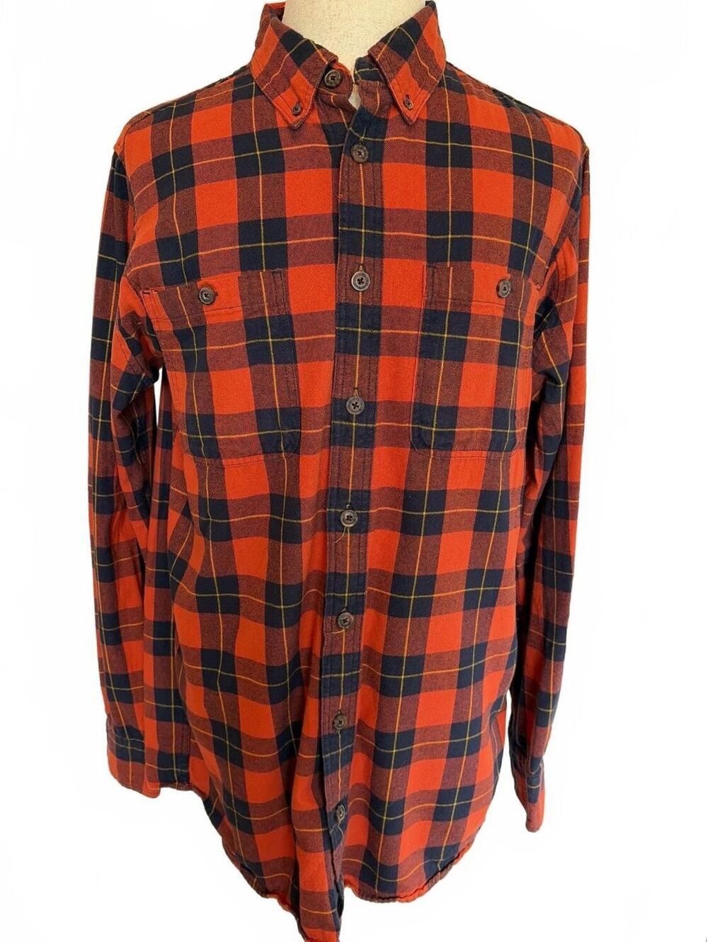 Duluth Trading Co Orange Navy Plaid Flannel Shirt L Tall Cotton Cabincore Rugged